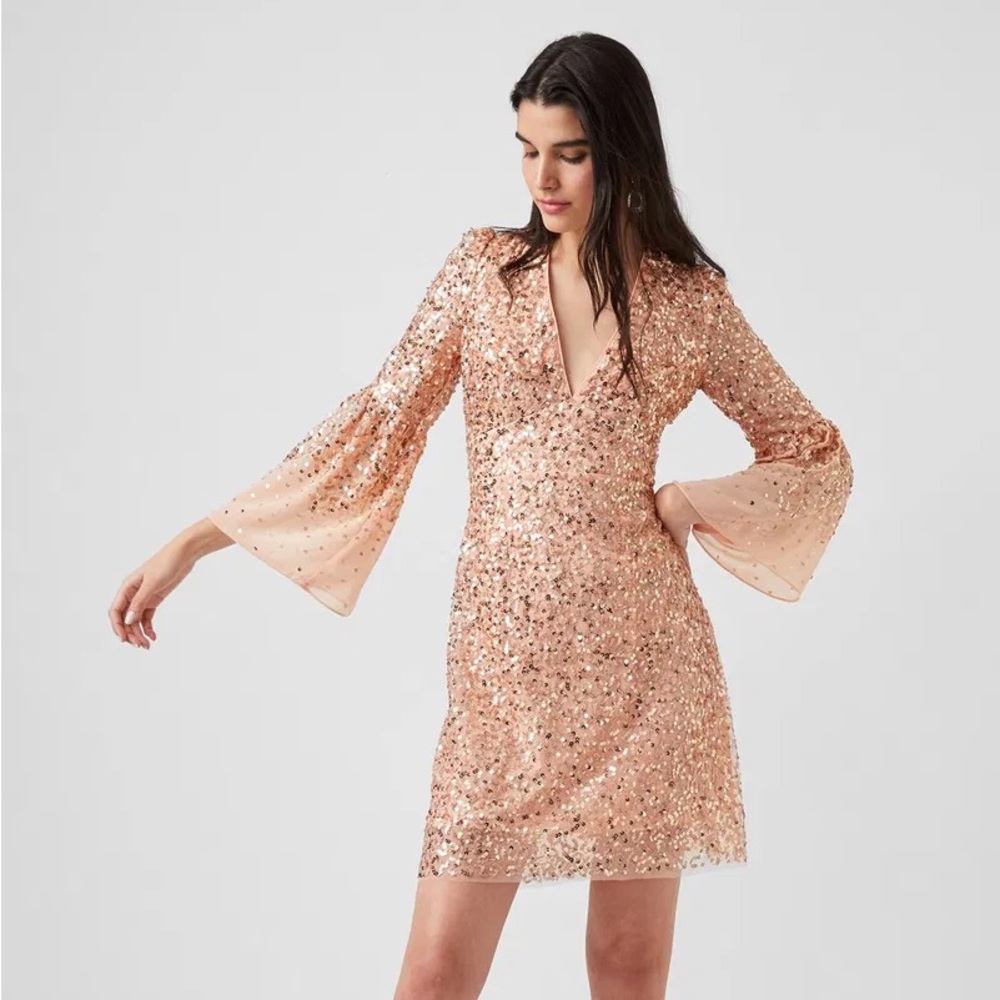 French Connection Cellienne Sequin V-Neck Bell Sleeve Dress in Blush